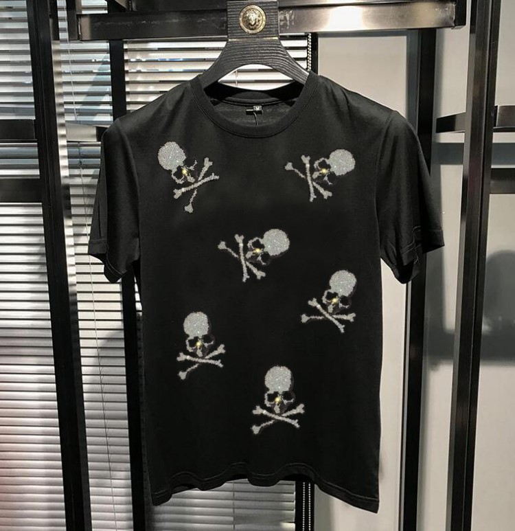 

Men's Cotton T Shirts Skull Rhinestone Street Style 2022 Summer Designer Short Sleeve O-neck Casual Men's T-Shirts Red Black White S-4XL