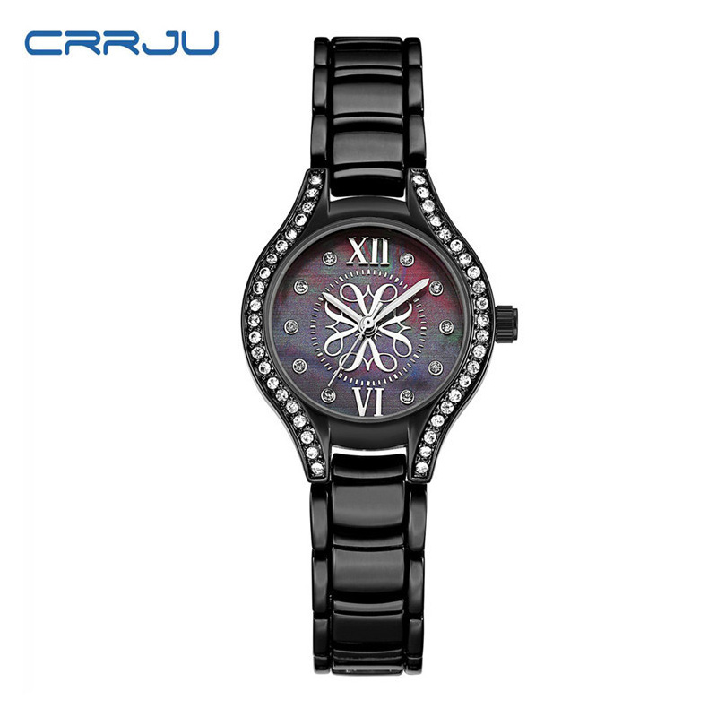 

CRRJU 2126 Watches Ladies Wristwatch Waterproof Function Shell Dial Fashion Europe And The United States Set Diamond Female Wristwatches, Black
