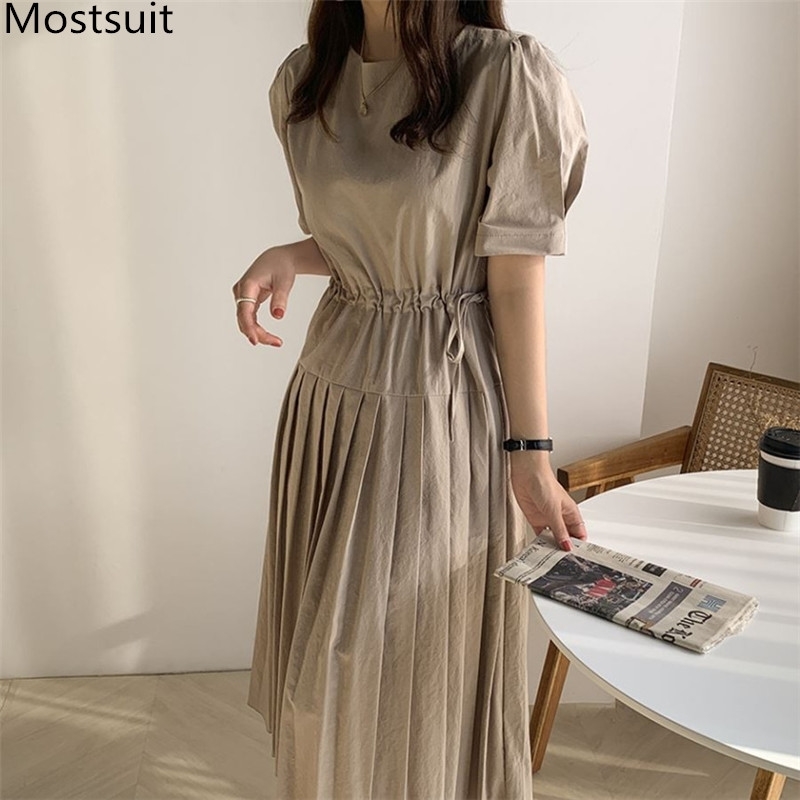 

Summer Korean Drawstring Waist Women Long Dress Puff Sleeve O-neck A-line Pleated Dresses Solid Casual Vintage Vestidos 210518, Purple