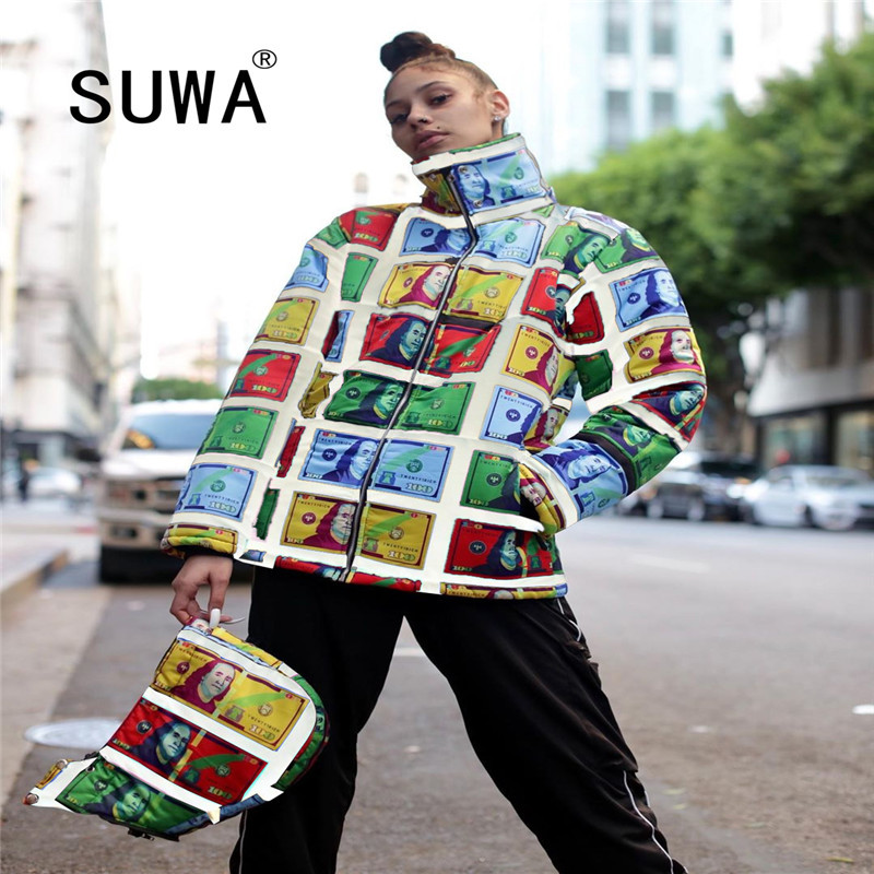 

Money Dollar Print BF Style Jackets Top Women Winter Coat Wool Hip Hop Casual Warm Parka Puffer Vintage Fashion Outerwears 210525, White