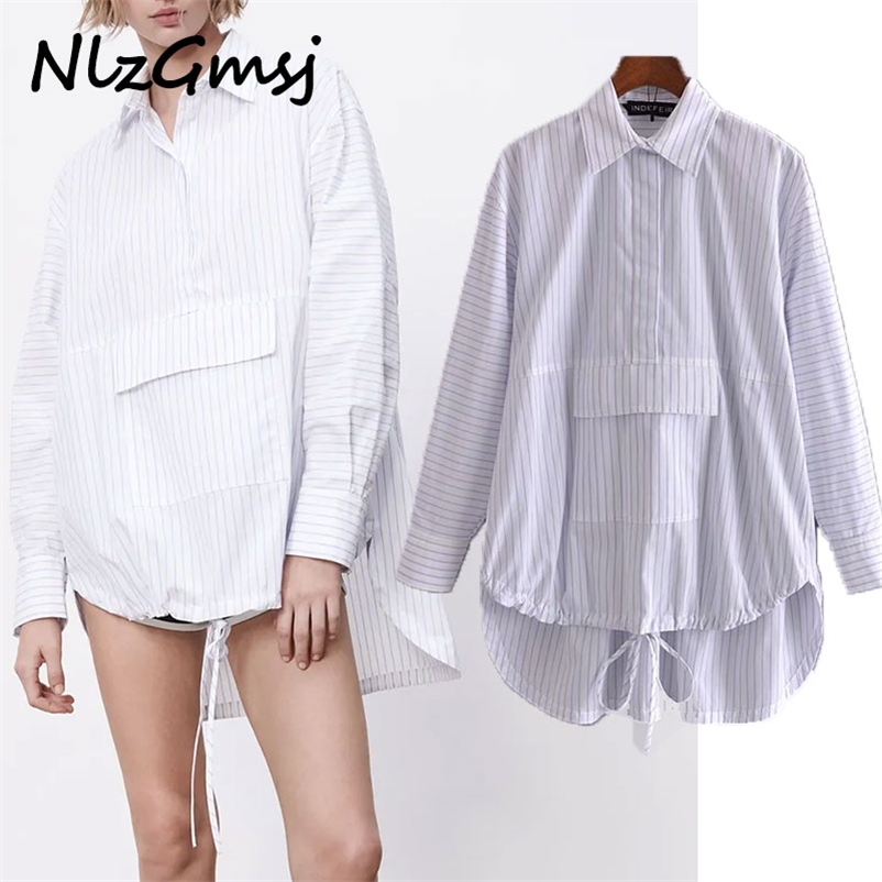 

Blouse Women Striped Asymmetric Shirt Vintage Drawstring Hem Top Female Front Pouch Pocket White 03 210628, As picture