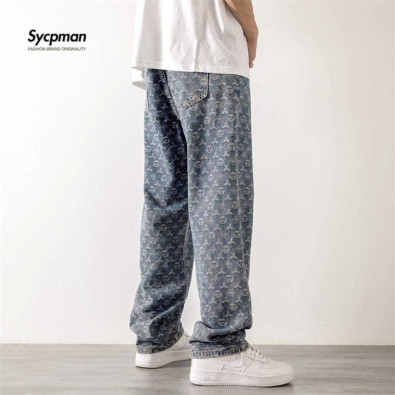 

American retro jacquard jeans men autum summer thin Street ruffian handsome loose leg pants straight tube drop feeling mop 211111, Lightblue letter