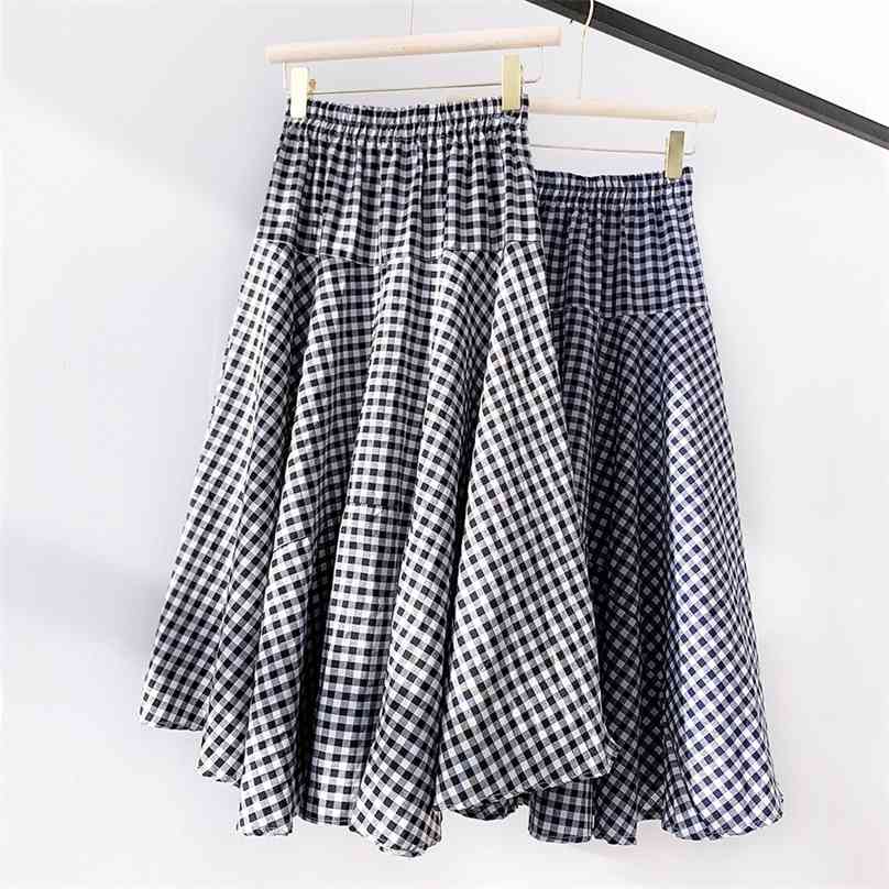 

Qooth Plaid Skirts Women's Summer Beach Long High Elastic Waist Big Hem Flare Cotton Blend Women Jupe QH2301 210629, Black
