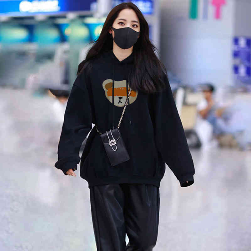 

Women's Hoodies & Sweatshirts Star fashion brand bear printed sweater women's Plush long sleeve Hoodie autumn and winter top student XEJW, Black velvet