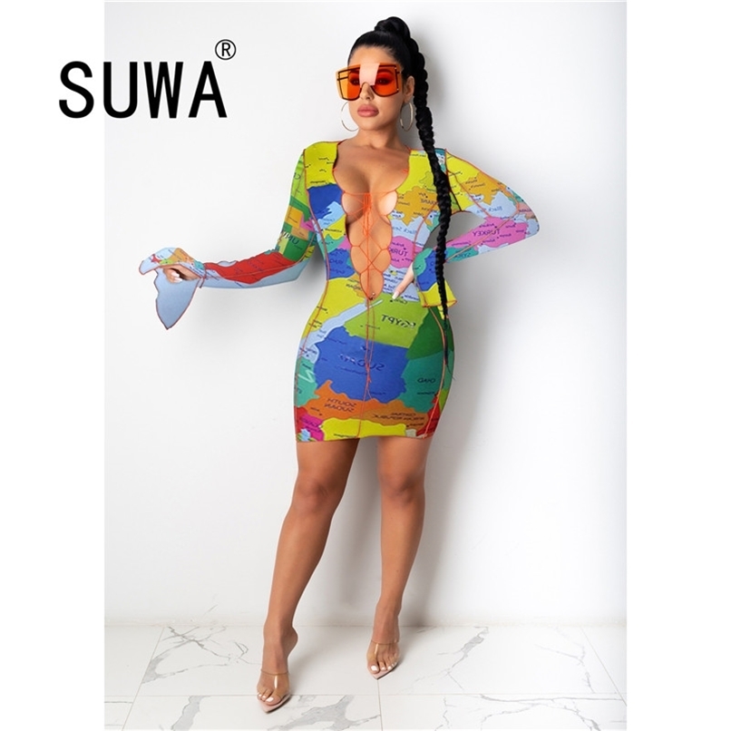 

Women Dresses Autumn est Trendy Chic Party Club Colorful Map Printed Flare Sleeve Bodycom Mini Free Lady 210525, Multi
