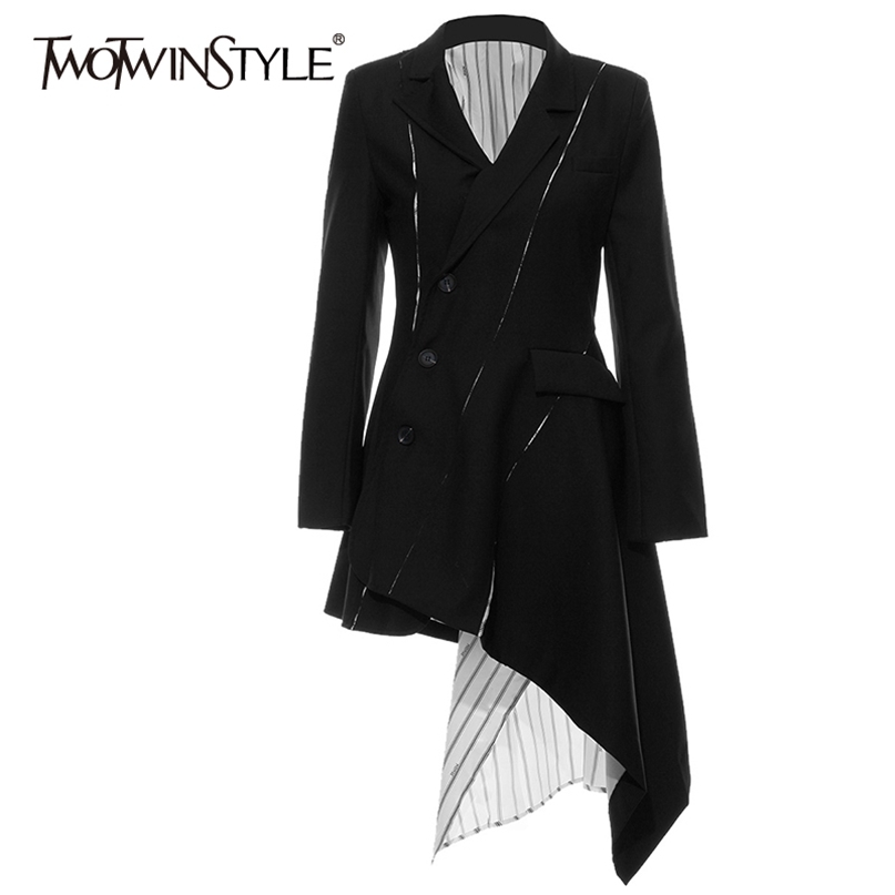 

Asymmetrical Blazer Dress Women V Neck Long Sleeve High Waist Striped Chiffon Patchwork Summer Dresses Female 210520, Black