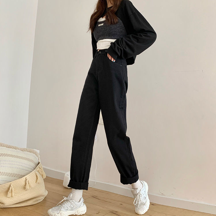 

2021spring women jeans straight trousers vintage high waist all-match loose denim pants retro loose trousers full-length jeans, Blue