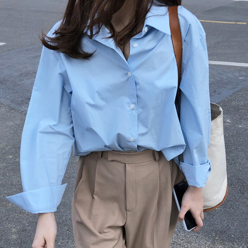 

Gaganight Office Lady Shirt Casual Loose Solid Women Blouse Long Sleeve Turn Down Collar Single Breasted Female Blusas Chic 210519, Blue