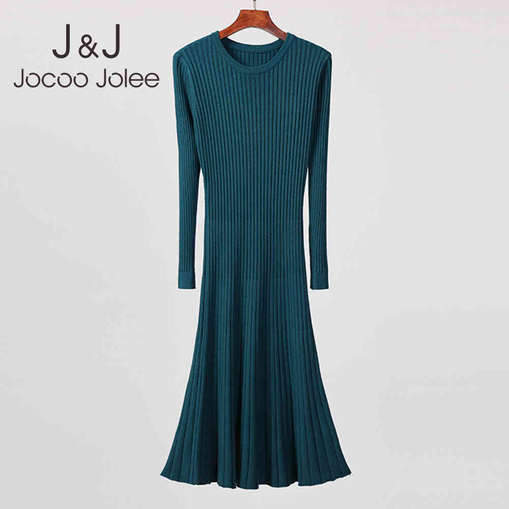 

Jocoo Jolee Women Korean Solid Sweater Dress Autumn Long Sleeve O Neck Slim Long Sweater Casual Ribbed Vintage Pullover Jumpers 210518, Green