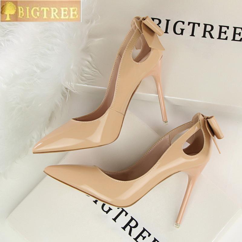 

Dress Shoes 2021 Autumn Fashion Solid Patent Leather Shallow Women Pumps Sexy Cut-Outs Bowtie Pointed Toe High Heels 10cm Fashi, Black