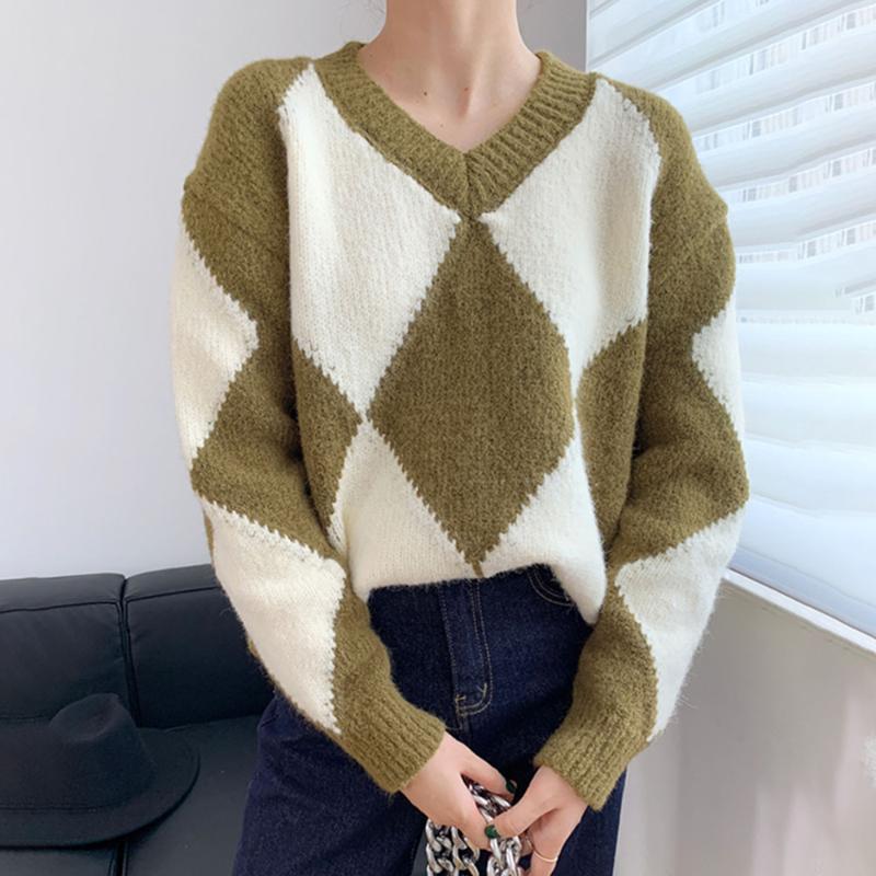 

Women's Sweaters 2021 Autumn Winter Stitching Contrast Diamond Check Sweater For Women To Wear College Loose Lazy, White;black