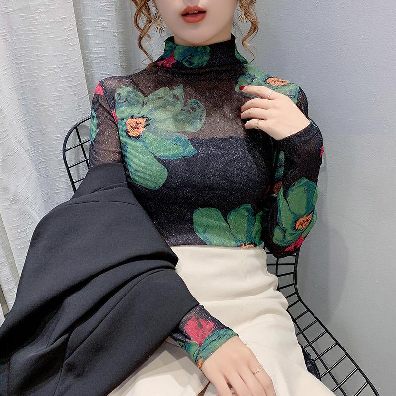 

Women' Blouses & Shirts Women Blouse Turtleneck Lace Autumn Winter Skinny Mesh Upper Clothes Long Sleeves T-shirt Blusas Ropa De Mujer, Green