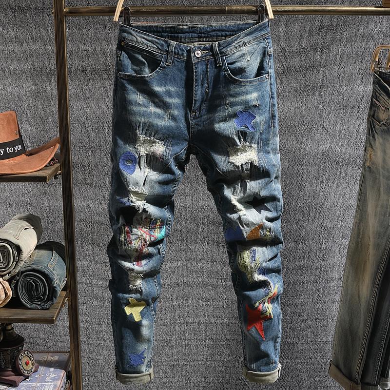 

Men's Jeans Ly Streetwear Fashion Men Elastic Destroyed Ripped Embroidery Patchwork Designer Hip Hop Denim Pencil Pants, Black