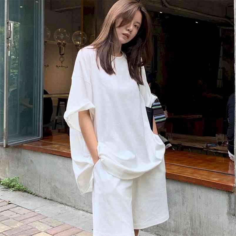 

Spring And Summer Korean White Short Sleeve T-shirt Shorts Two-piece Suit Women Loose High Waist Casual Sports Top Pants 210721, Grey