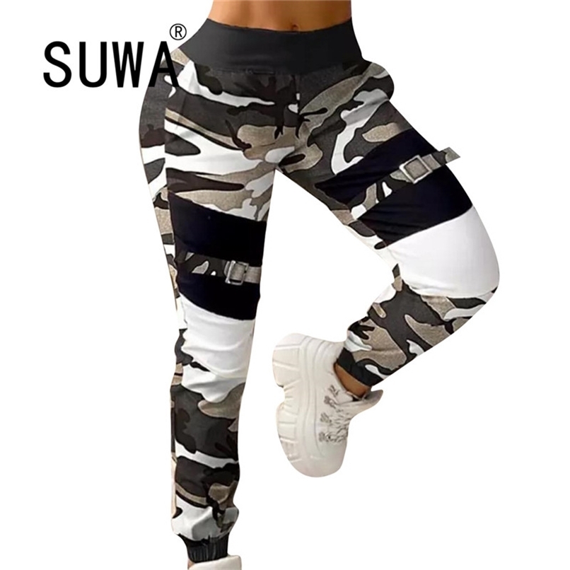 

Women Camouflage Colorblock Pocket Design Cargo Pants Elastic Waist High Streetwear Harajuku Pant Chain Females Trousers 210525, Black