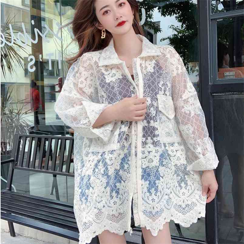 

Summer Sweet Lace Hollow Out Embroidery Sun Protection Lapel Coat Women Zipper Casual Loose Vacation Top Femme 210519, Photo color