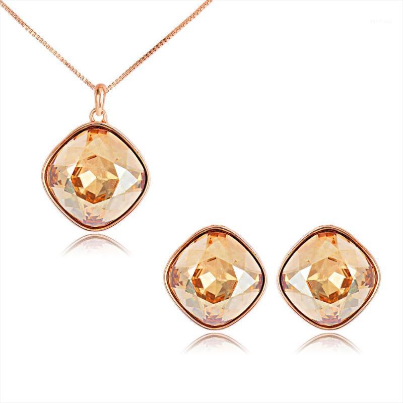 Earrings & Necklace Viennois Fashion Jewelry Sets For Woman Orange Cubic Zirconia Geometric Pendant Set Bridal Wedding Gift-image-745067132