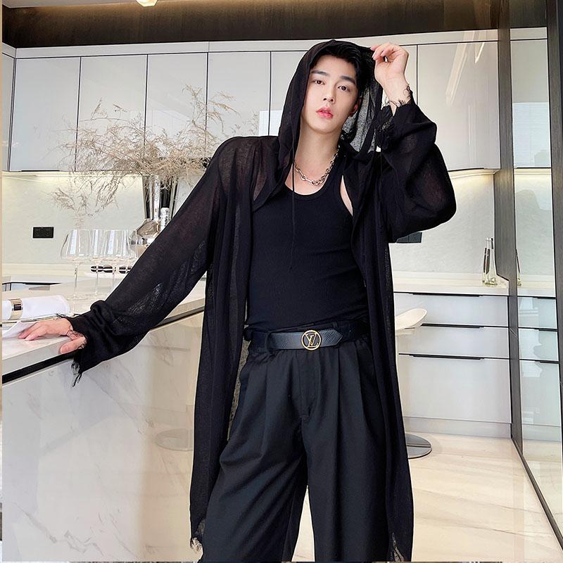 

Men's Distressed Loose Casual Thin Knitted Sweater Hooded Long Cardigan Trench Coat Sun Protection Jacket Male Streetwear Coats, Y031