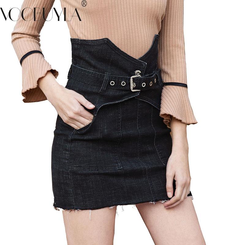 

Skirts Voobuyla 2021 Sexy High Waist Belt Skinny Denim Casual Bodycon Stretch Mini Skirt Tassel Washed Pencil Jeans, Black