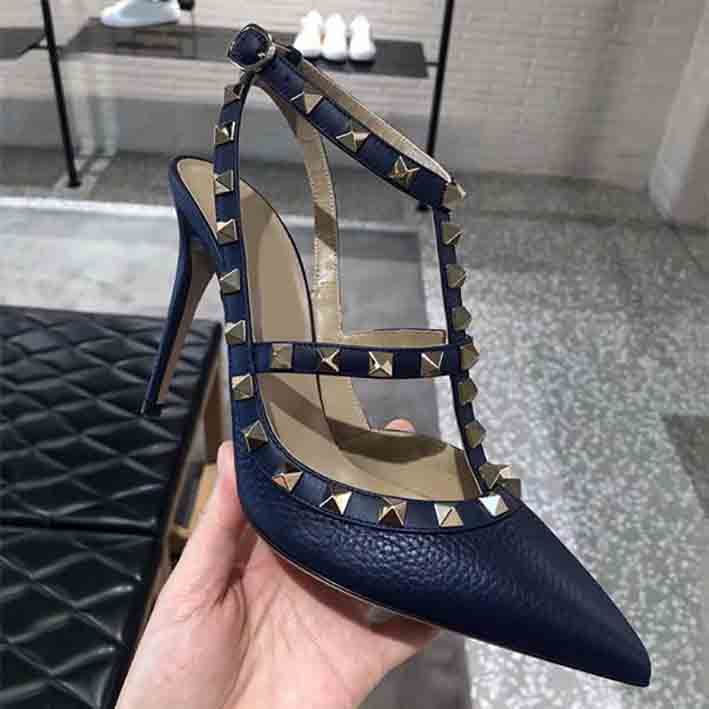 

original LOGO Designer Pointed Toe 2-Strap shoe with Studs high heels Leather rivets Sandals Women Studded Strappy Dress Shoes size 35-43, As pic 22