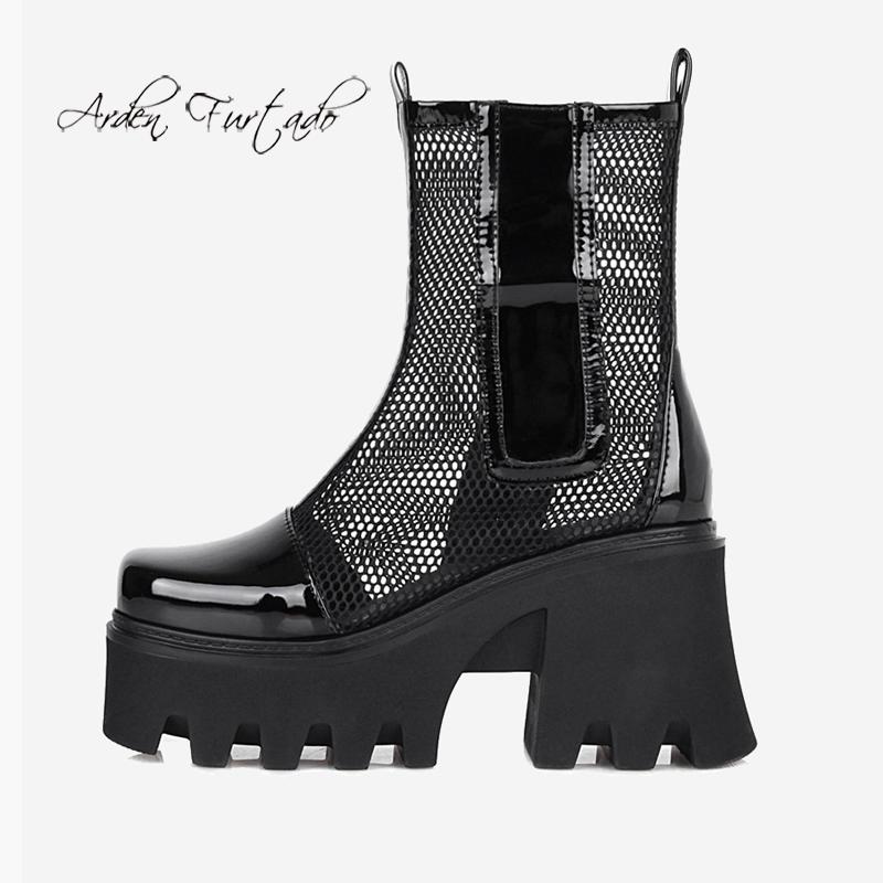 

Arden Furtado 2021 Fashion Summer Boots Women's Back Zipper White Round Toe Concise Heels Chunky Wire Side Short, Black