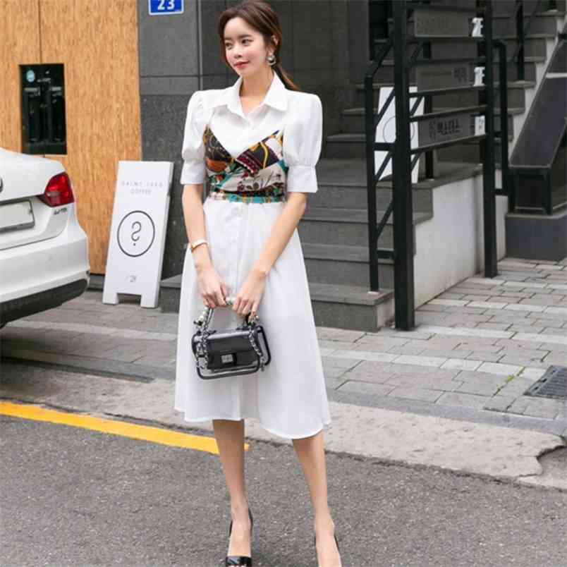 

Korean fashion Summer Elegant Print Dress Women Bow Belt Fake Two Piece Patchwork Shirt Vestidos 210519, Picture color