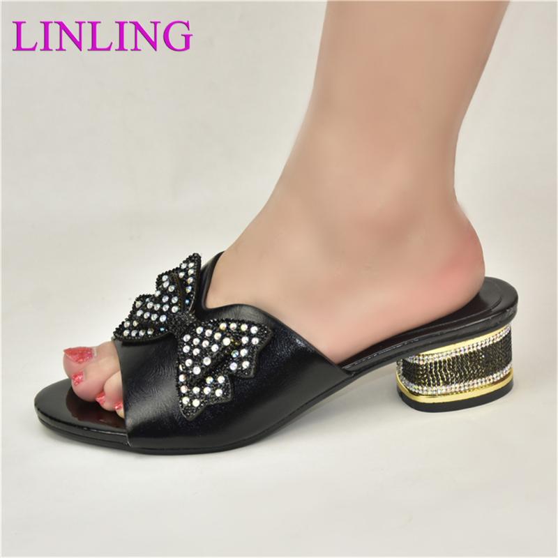 

Dress Shoes Luxery Women Nigerian For Wedding Comfortable Heel African Ladies With Appliques Party Bowknot, Black