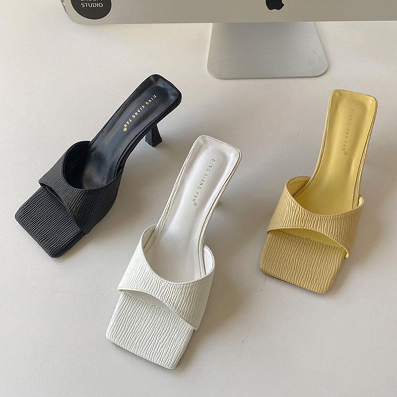 

Slippers 2021 Brand Thin High Heels Women Slip On Slide Ladies Elegant Mule Shoes Summer Outdoor Slides Big Size 40, Black