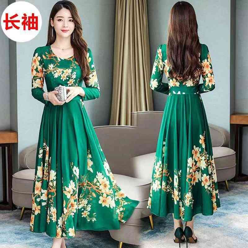 

New women' clothing autumn and winter temperament sleeve round neck long dress, Red