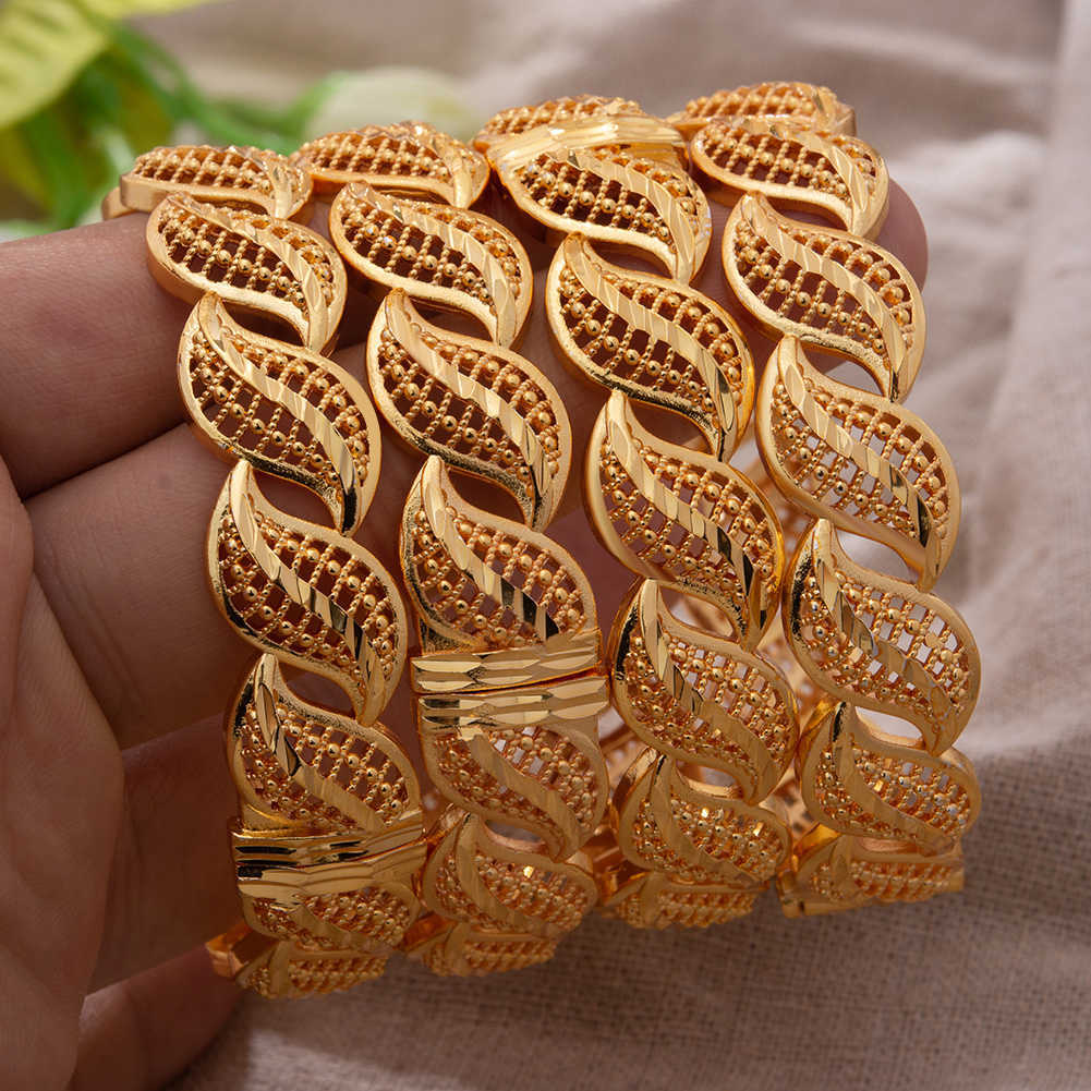 

Luxury 4pcs/lot Dubai Gold Color Bangles for Women Girls African Bracelet Wedding Jewelry Bride Flower for Women Q0720