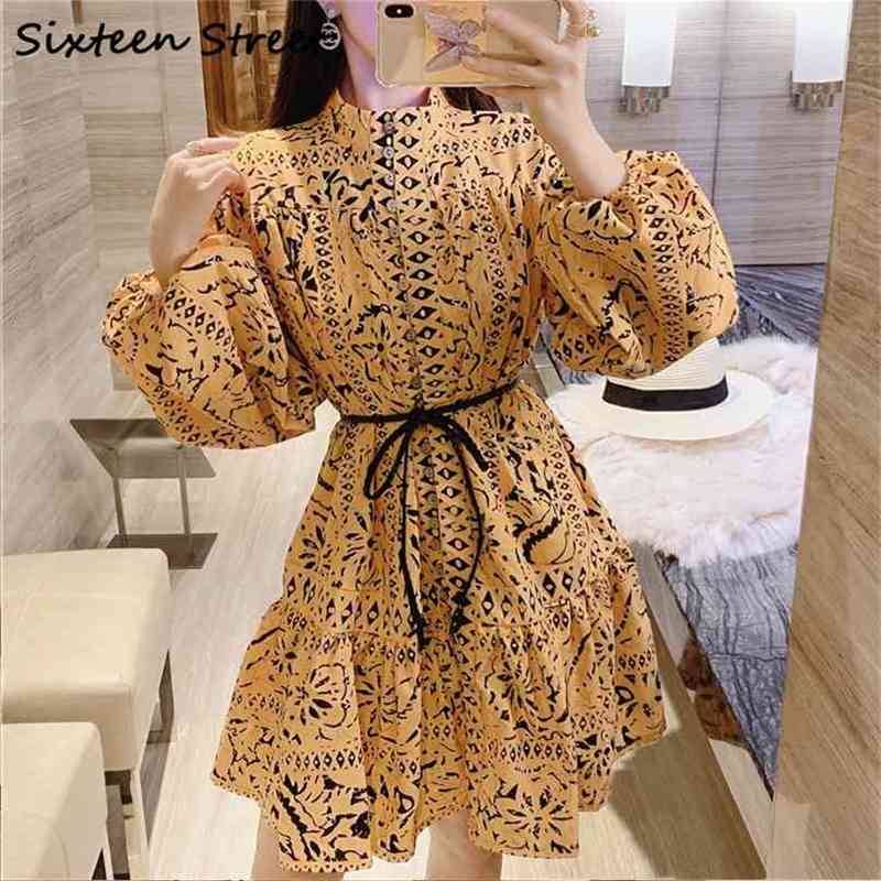 

Spring Woman's Dress Yellow Vintage Runway Vestidos Lady Single-breasted Lantern Sleeve Dresses Female Lace Up Clothing 210603, The picture color