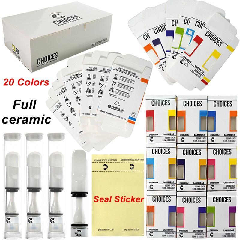 

Atomizers Choices Vape Cartridges Full Ceramic Cart 510 Thread 20Colors Vapes 0.5ml Press On Seal Sticker Empty Oil Carts Hologram Packaging Cartridge