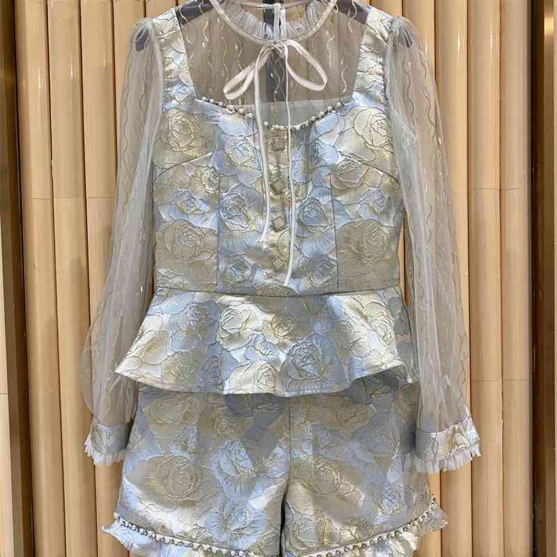

Truevoker Women's High End Fashion Blue Print Beading Jacquard Lace Patchwork Top + Shorts Vintage Party ets 210602