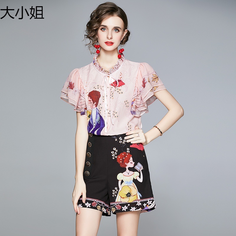 

-Girly sense of wearing shorts suits, summer printed chiffon shirt, age-reducing fashion 2-piece set 210525, Pink