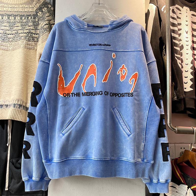 

Men's Hoodies & Sweatshirts High Quality Patchwork Plus Velvet RRR123 Fashion Hoodie Men 1:1 Puff Print Vintage Heavy Fabric Blue Embroidery