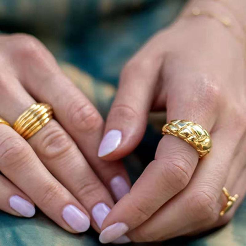 

Minimalism Geometric Bump Glossy Gold Plated Metal Texture Stainless Steel Rings For Women Men Jewelry Cluster