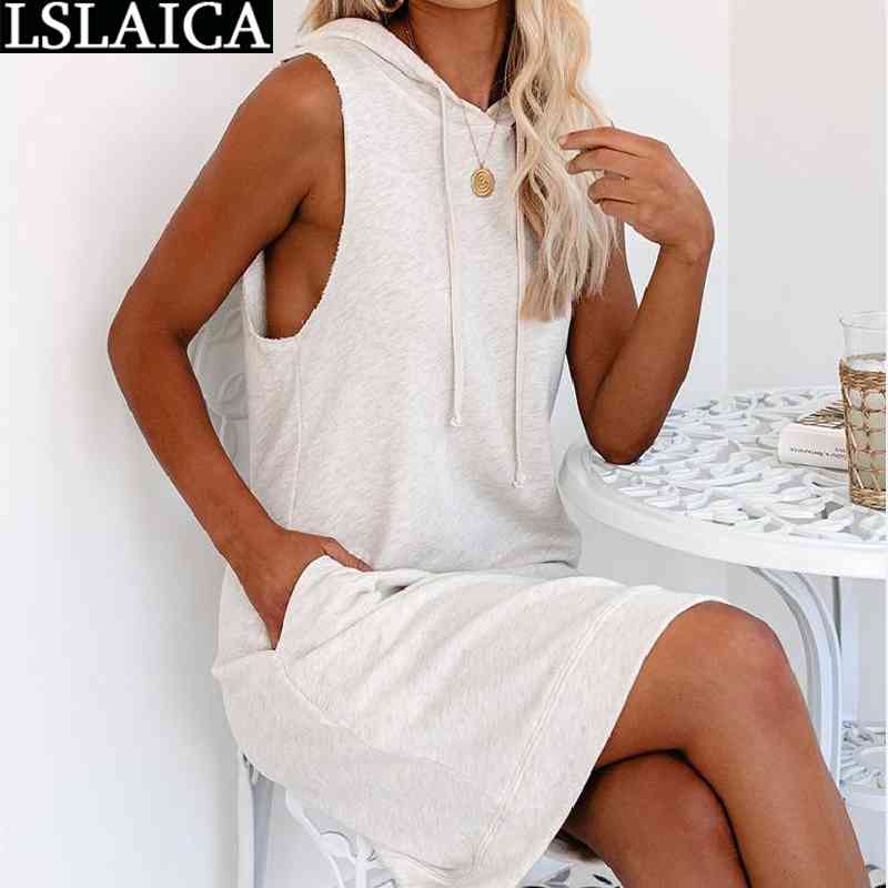 

Solid Color Sleeveless Hoodied Dress Summer Pockets Casual Fashion Mini Dresses Women Streetwear Homewear Clothing 210520, Beige
