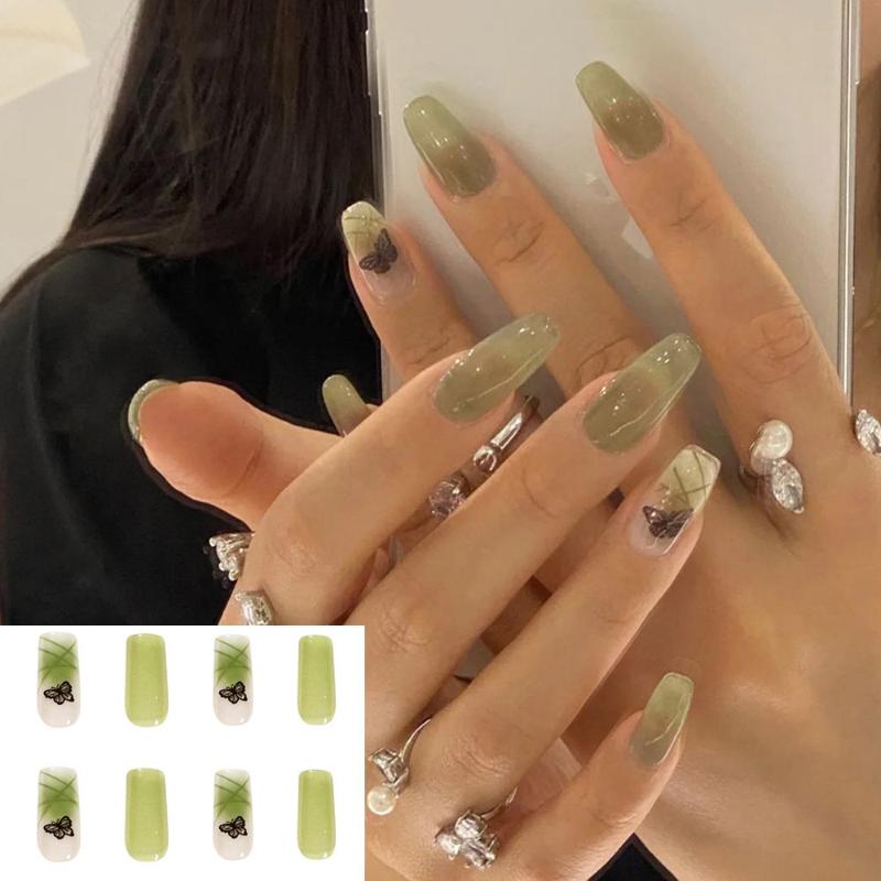 

False Nails 24pcs/Box Matcha Detachable Full Cover Manicure Tool Wearable Nail Tips Butterfly Square Head Fake, Red;gold