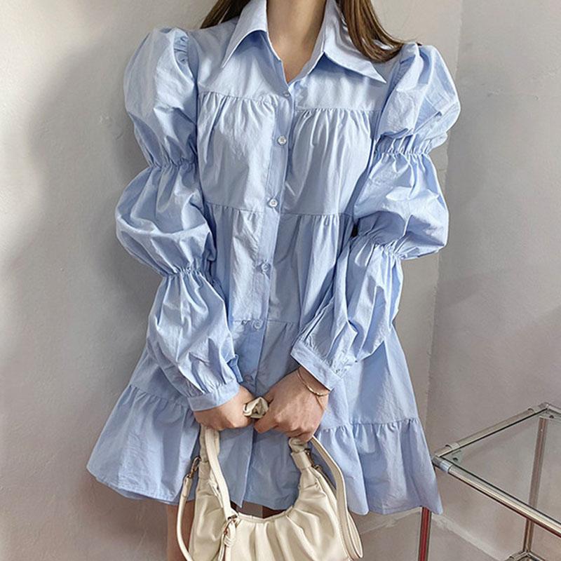 

Casual Dresses Neploe Korean Chic Shirt Dress Women Pleated Puff Sleeve Turn Down Collar Vestidos Sweet Loose Single Breasted Mini, Black