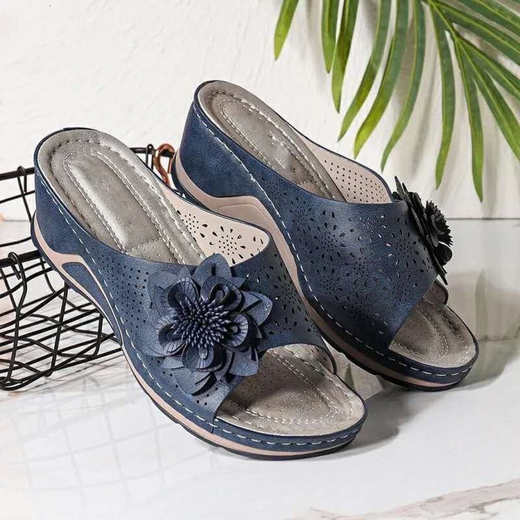 

luxury slippers large size flower slope heel 2021 summer fashion casual sandal women, Black