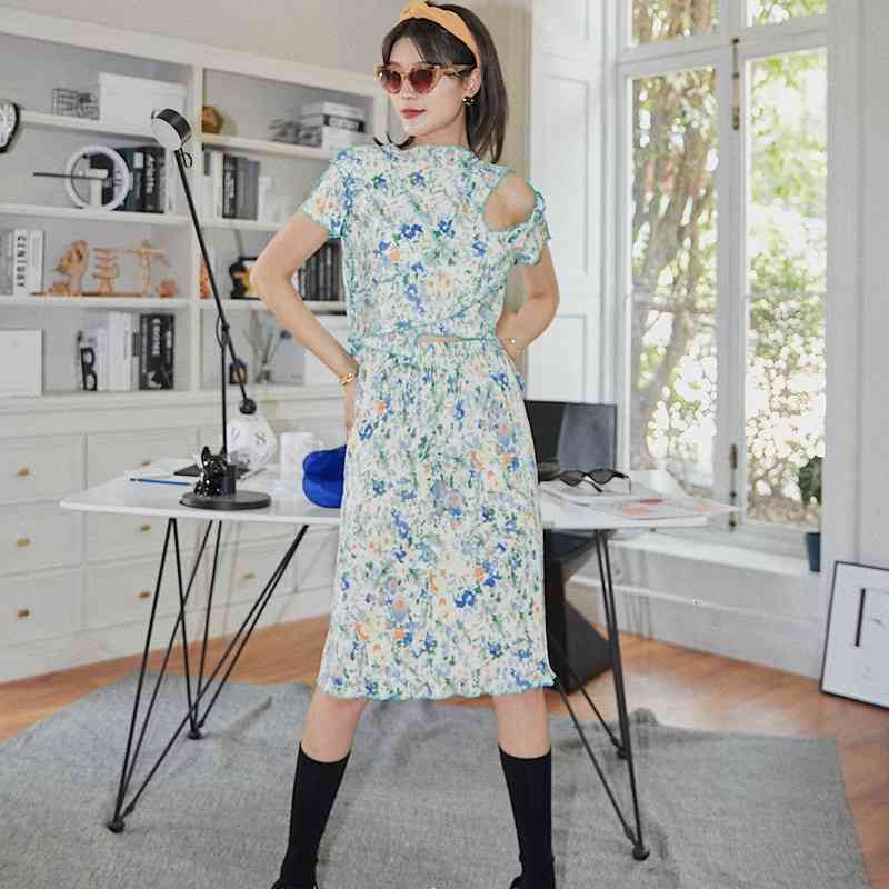 Casual Dresses Mint Green Floral Ribbed Skirt Women High Waist A Line Knee Length Summer Korean Style Fashion 82DZ-image-701985356