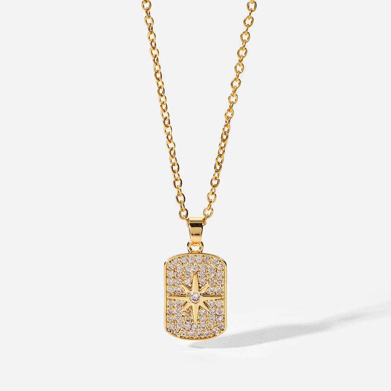 

Pendant Necklaces Trend 18K Gold Plated Power Star Jewelry Stainless Steel Eight-pointed Full Zircon Square Necklace For Women