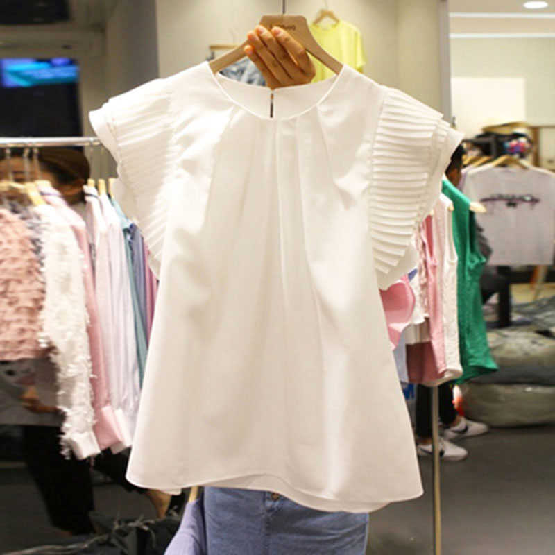 

Summer Casual Loose Solid Chiffon Shirt Short Sleeves Sweet Butterfly Ruffles Top T-Shirts Women 210615, White