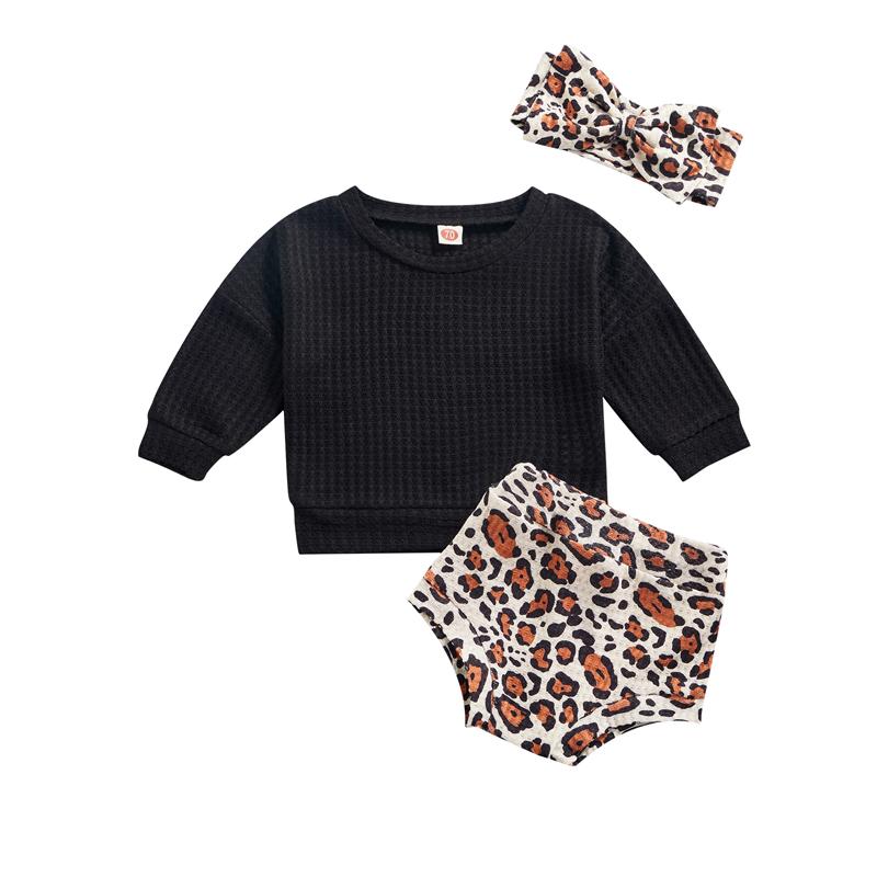 

Clothing Sets 0-24  Born Baby Girl Summer Clothes Set Solid Color Long Sleeve Crew Neck Tops + Leopard Print Shorts Bow Headband, White