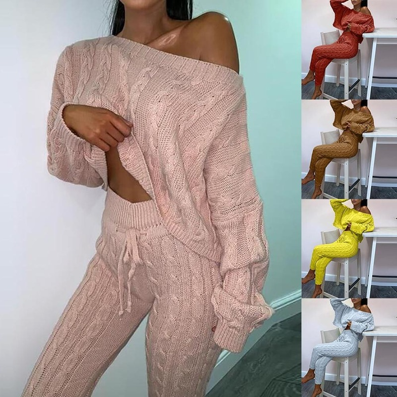 

Autumn Winter Knitted Two Piece Set Women Outfits Long Sleeve One Shoulder Sweater Pullovers Skinny Pants Set Women Tracksuit, White