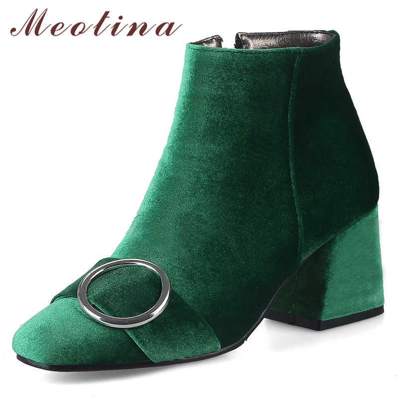 

Meotina Women Boots Winter Ankle Boots Zipper Block High Heels Short Boots Buckle Square Toe Shoes Lady Autumn Large Size 33-46 210608, Black