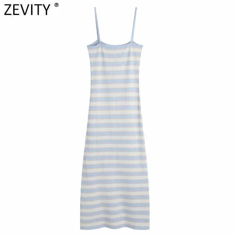 

Zevity Women Fashion Striped Print Casual Slim Knitting Sling Dress Female Chic Summer Spaghetti Strap Vestido DS8283 210603, Bb ds8283
