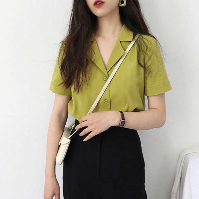 

Women Spring Summer Style Cotton Blouses Shirts Lady Casual Short Sleeve V-neck Solid Loose Women's Tops DF3478 210609, Green