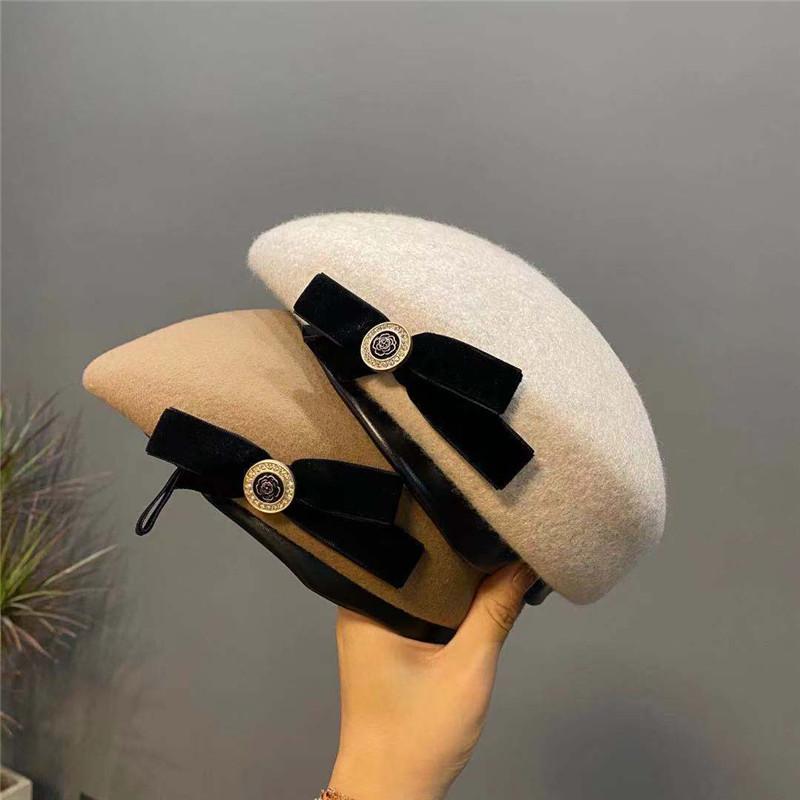 

Berets 202108-weimin Autumn Winter Wool Grace Velvet Bowknot Flower Button Pu Brim Lady Pumpkin Beret Hat Women Leisure Painter, Blue;gray