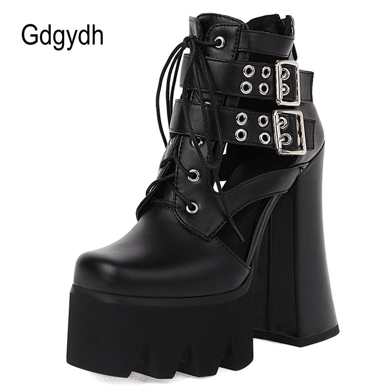 

Boots Gdgydh 2021 Fashion Punk Style Women Ankle Rivets Hollow Out Female Short Lace-Up Thick Heels Platform Lady Shoes, Black